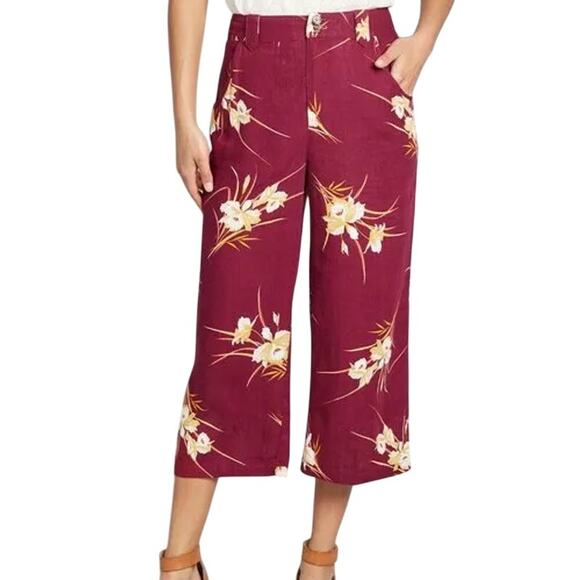 ModCloth Floral Print Linen Wide-Leg Cropped Pants Burgundy Womens Sz 00 NWT - Picture 5 of 10